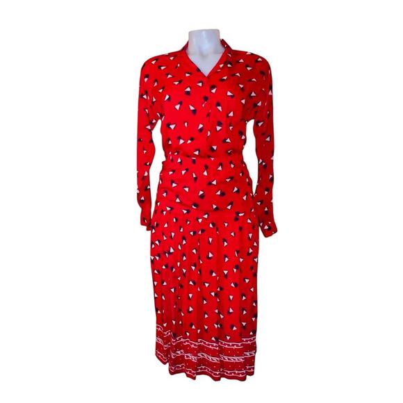 Vintage 70s 2-Piece Pleated Skirt Set Red Geometric Print by Waterville USA 3/4 - Picture 1 of 12